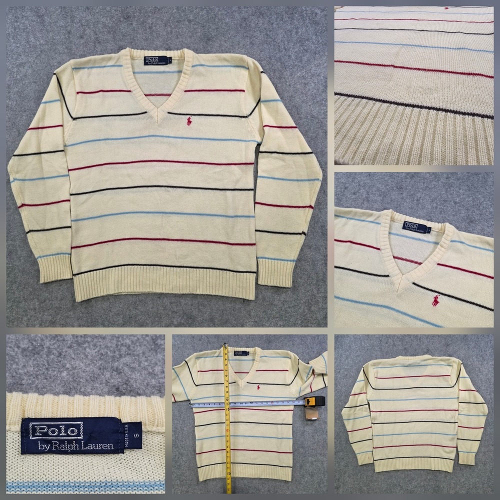 VTG Polo By Ralph Lauren Sweater Mens Small Beige Striped V Neck Pony Pullover